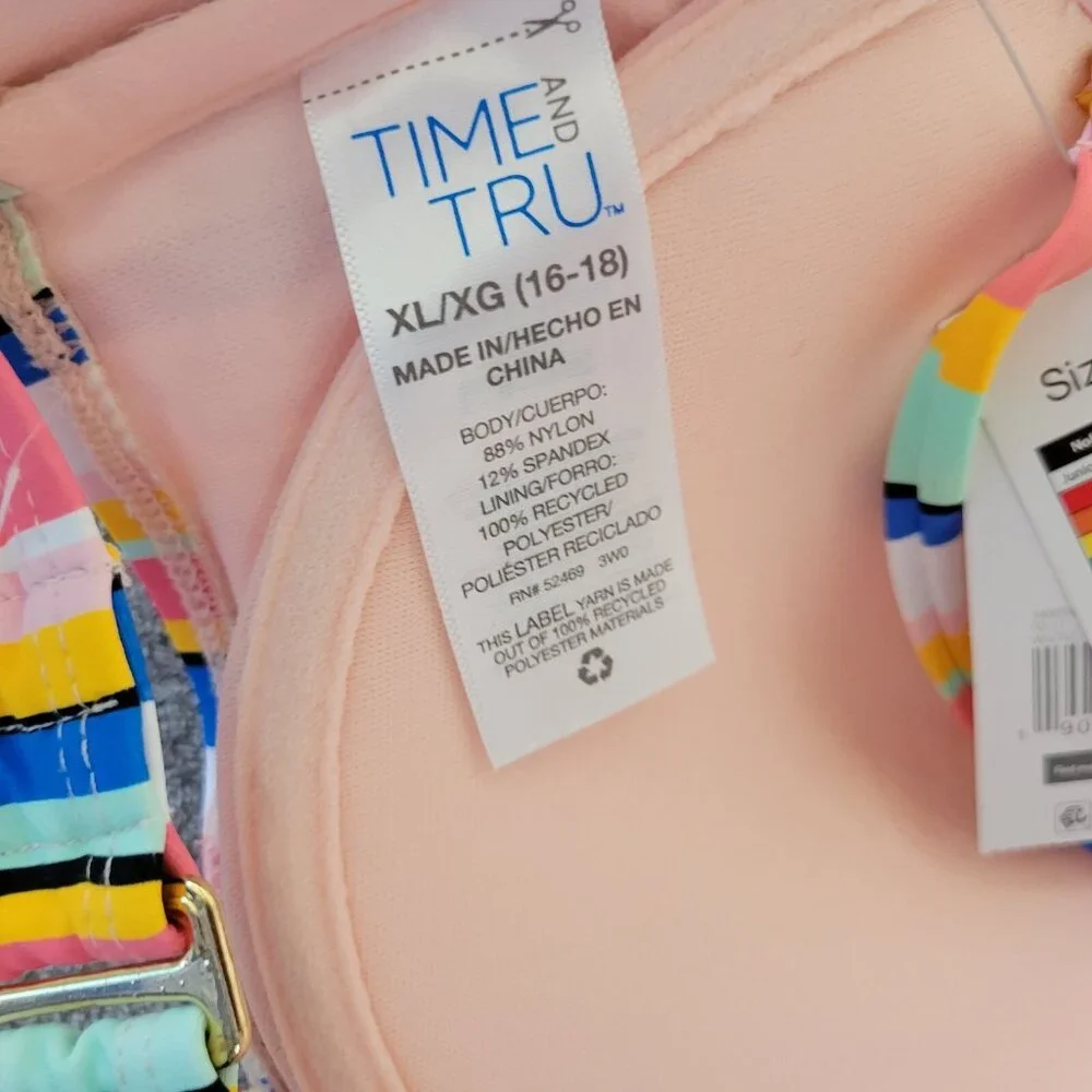 Time Tru Womens Bikini Top XL 16 18 Blue Pink Stripe Ruffle STR15E